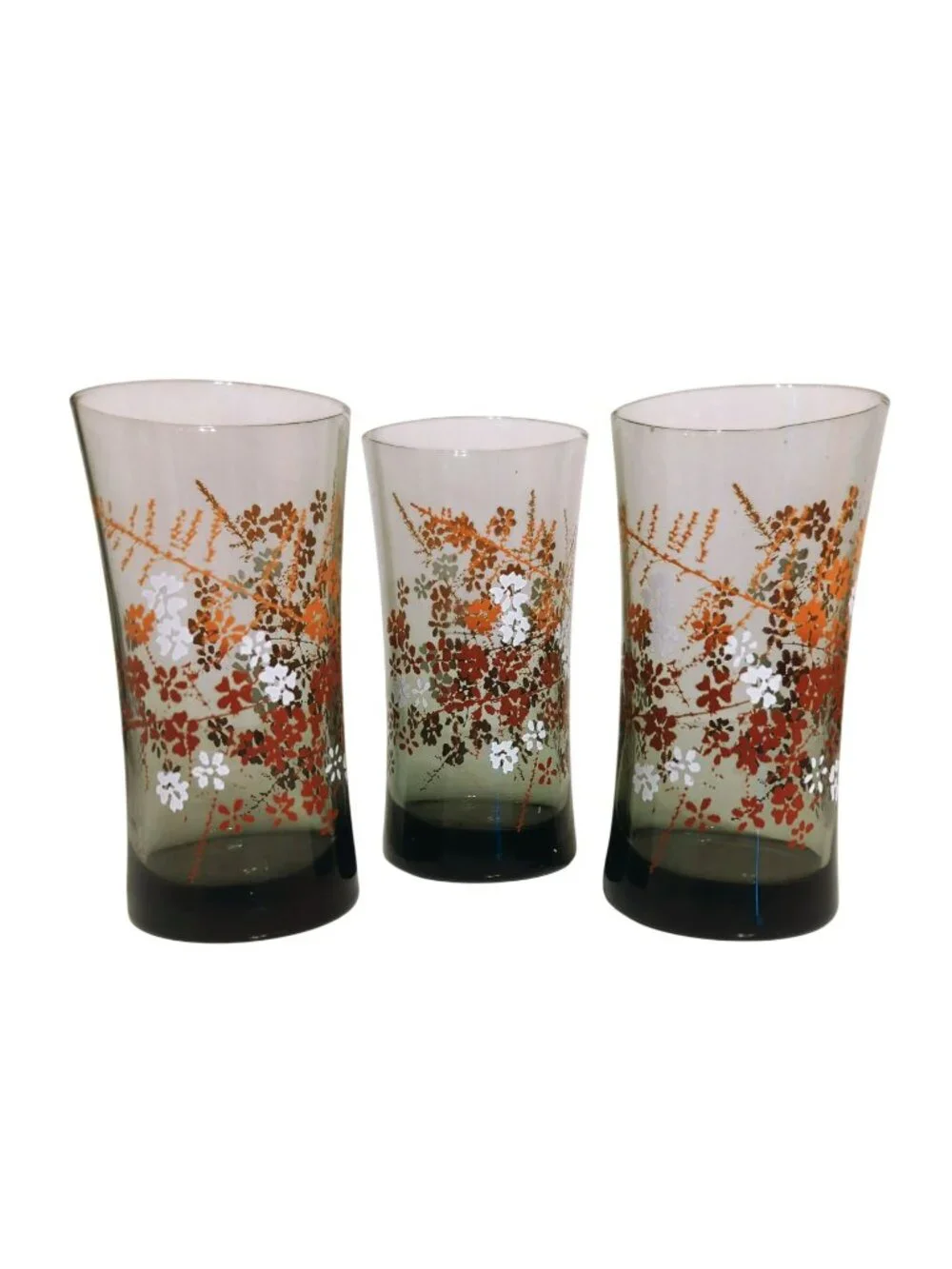 Vintage Libbey 70s Glass Tumblers Set Floral Tawny Orange Smoke 14oz Fall Vibes